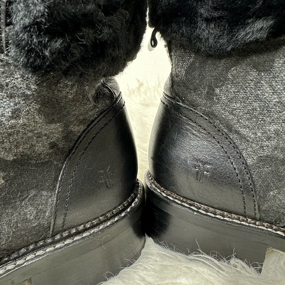 Frye Women’s Samantha Black Leather Canvas Shearling Combat Hiking Boots Size 8 - Picture 7 of 15